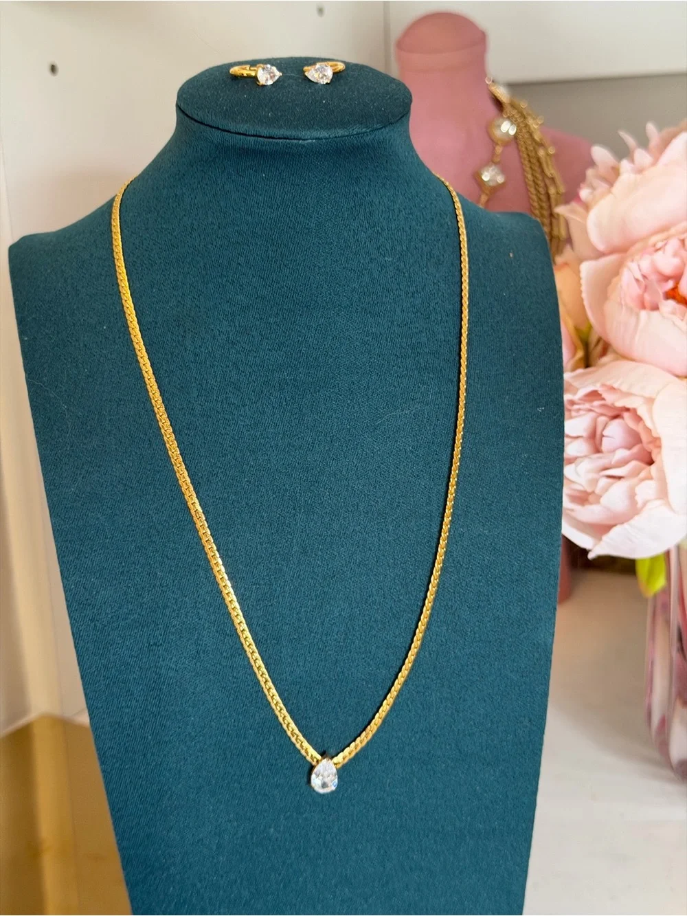18k Gold Plated jewelry set ~ Chain Necklace with CZ Pendant + CZ Huggies